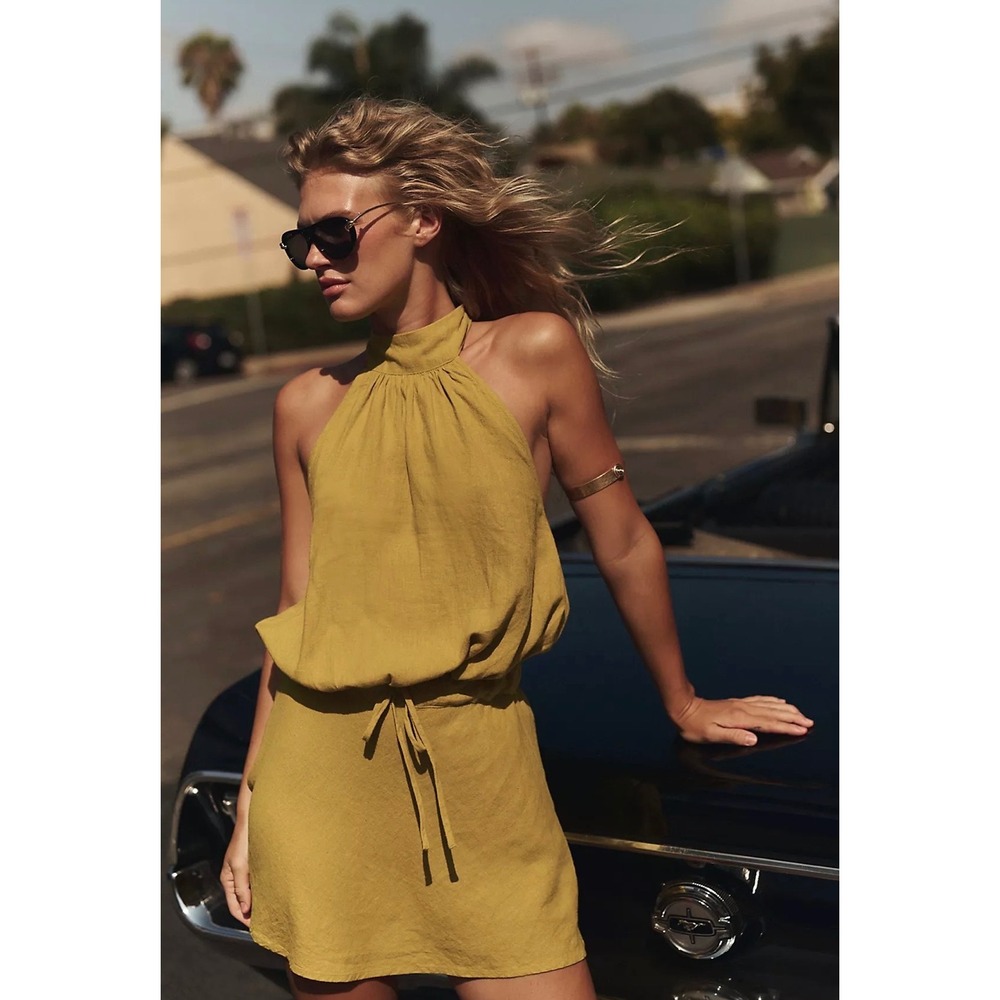 Free People Free-Est Mustard Yellow Linen Halter Open Back Mini Dress XS